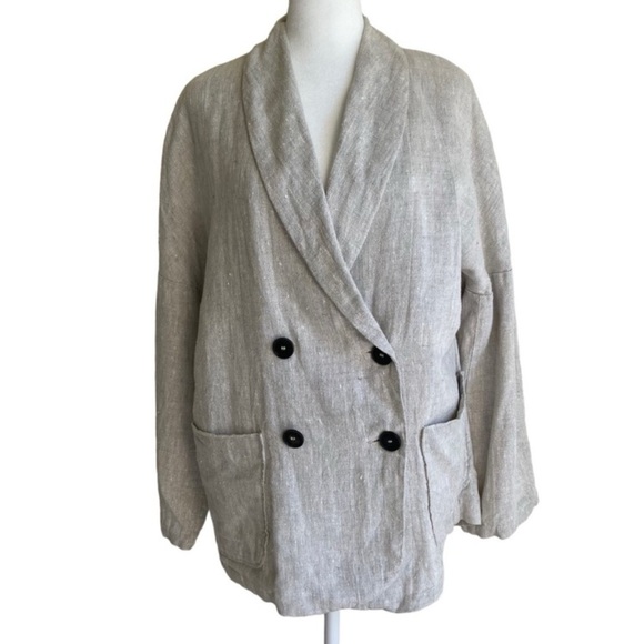 Zara Oversized Lagenlook Double Breasted Linen Blazer Jacket Oatmeal Size XS - Picture 3 of 16